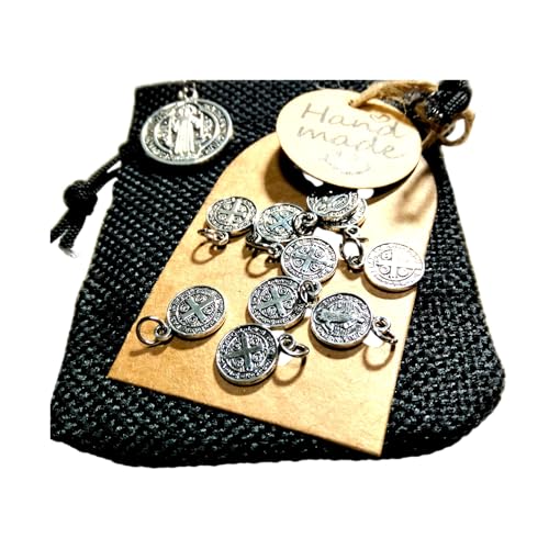 10 Medallas de San Benito Plata, Diámetro 10 mm + Medalla 16mm. Chapados en Plata 925/1000, 12 Micras, Colgantes para Regalo. Cristiandad + Bolsa de Yute, Colgantes | Poderes contra el Mal. Protección