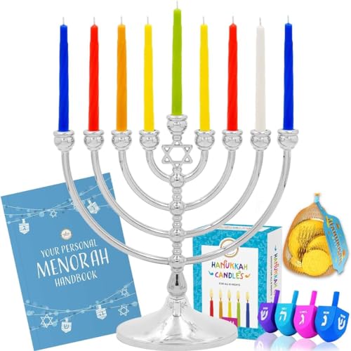 The Dreidel Company Complete Hanukah Menorah Set, 1 Full Size 7" Menorah, 44 Colored Candles, 4 Multicolored Painted Wood Dreidels, 4 Chocolate Belgian Coins Gelt, Comprehensive Chanukah Guide(2 Set)
