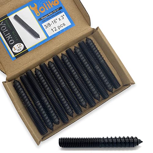 Image of 12 Pack 3 /8-16 x 3 Inch Black Hanger Bolts 3 /8-16 inch Double Headed Bolts 3 /8 Wood Dowel Screw Self-Tapping Screw Hanger Bolts for Furniture Double Head Threaded Rods Bolt 75mm Length