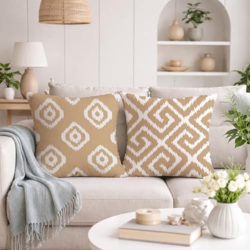 STITCHNEST Set of 2 Polycotton Cushion Covers – 24x24 Inches – Beige & White Ikat Geometric Print – Elegant Cushion Covers for Sofa & Living Room | Perfect for Home Decor
