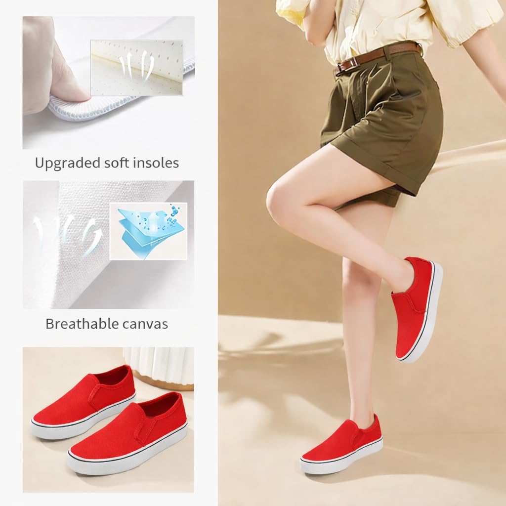 Emma Shoes Low-Top Slip Ons Women's Fashion Sneakers Casual Canvas Sneakers for Women Comfortable Flats Breathable Padded Insole Slip on Sneakers Women Low Slip on Shoes, Red, 8