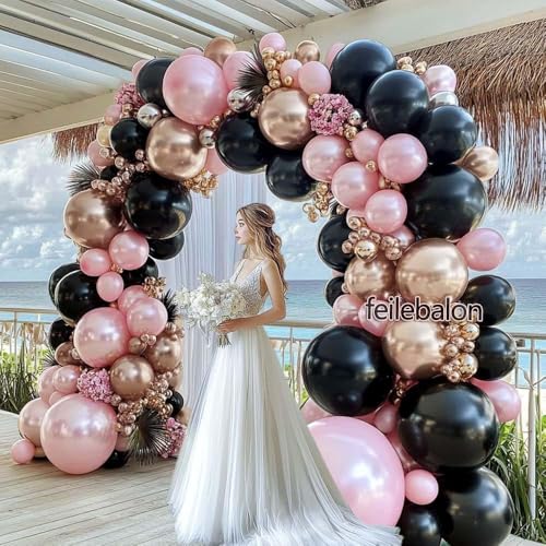 Pink Black Balloon Arch Kit - Double Stuffed Pastel Pearl Baby Pink Balloon Garland with Champagne Rose Gold Balloons for Birthday Bridal Baby Shower Wedding Graduation Party Decoration — view 2
