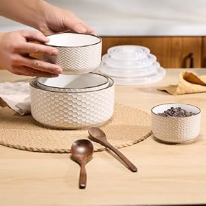 KooK Ceramic Nesting Bowls, with Lids, Serving Bowls, Set of 4, Embossed Kitchen Bowls, Prep, Mix, Gift, Microwave and Dishwasher Safe, 10/16/29/47 oz, Narbonne Collection (Ivory) KooK Ceramic Nesting Bowls with Lids Serving Bowls Set of 4 Embossed Kitchen Bowls Prep Mix Gift Microwave and Dishwasher Safe 10162947 oz Narbonne Collection Ivory