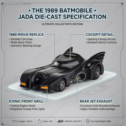 Image of 1:24 Black Batmobile - Pull-Back Alloy Supercar with Lights, Sound & Smoke - Dashboard & Collectible Model for Kids & Adults (Pack of 1)