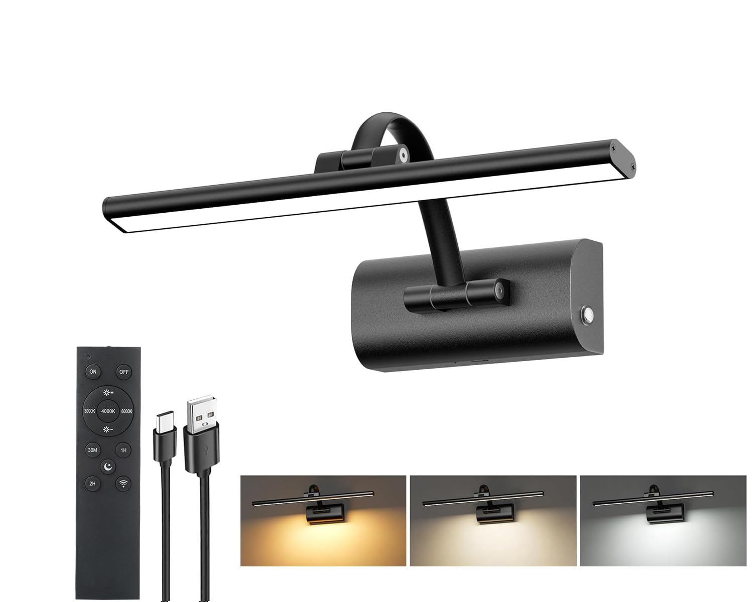 HUAEU 12" Picture Lights for Wall, 5200mAh Rechargeable Wireless Picture Light with Remote, Dimmable 3 Color Temps Battery Operated Wall Lights for Pictures Painting Dartboard Gallery, 30cm Black — image 1