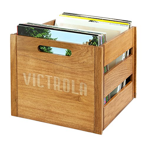 Image of Victrola Wooden Record Crate - Tabletop Vinyl Album Holder, No-Tool Assembly, Holds Over 50 Records, Real Wood Construction, Elegant Design (Natural Wood)