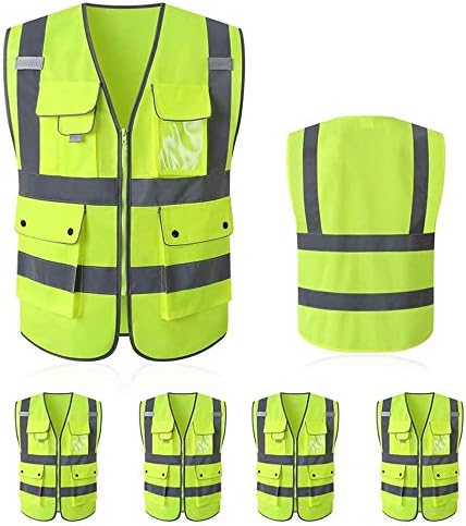 Tekware High Reflective and Breathable Safety Vest, Pack of 5 Bright Neon Color Construction Protector with Reflective Strips and Zipper with 6 Pockets