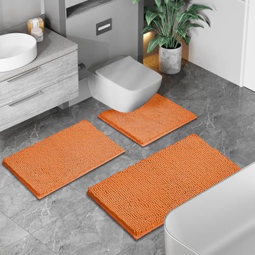 Image of RUN HELIX Bathroom Rugs 3 Pieces Orange Bath Rugs Fall Shower Rugs with U-Shaped Contour Toilet Mat Absorbent Chenille Plush Bath Mats Non Slip Bath Rugs Bathroom Floor Mats Bath Mat Living Rug Set