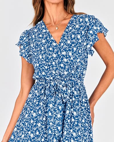 Image of BTFBM Women Summer Bohemian Floral Casual Wrap V Neck Ruffle Cap Sleeveless Belt A-Line Pleated Hem Midi Sun Dress White