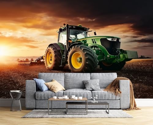 Fotomurales de pared de seda para tapar imperfecciones con paisaje de tractor en tonos naranja 4