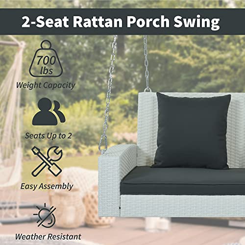 2-Person Porch Swing With Hanging Chains,Outdoor Rattan Wicker Porch Swing Bench With Cushion/Pillow For Front Garden, Backyard, Pond, Heavy Duty 500 Lbs (White Wicker, Gray Cushion) #TOP2