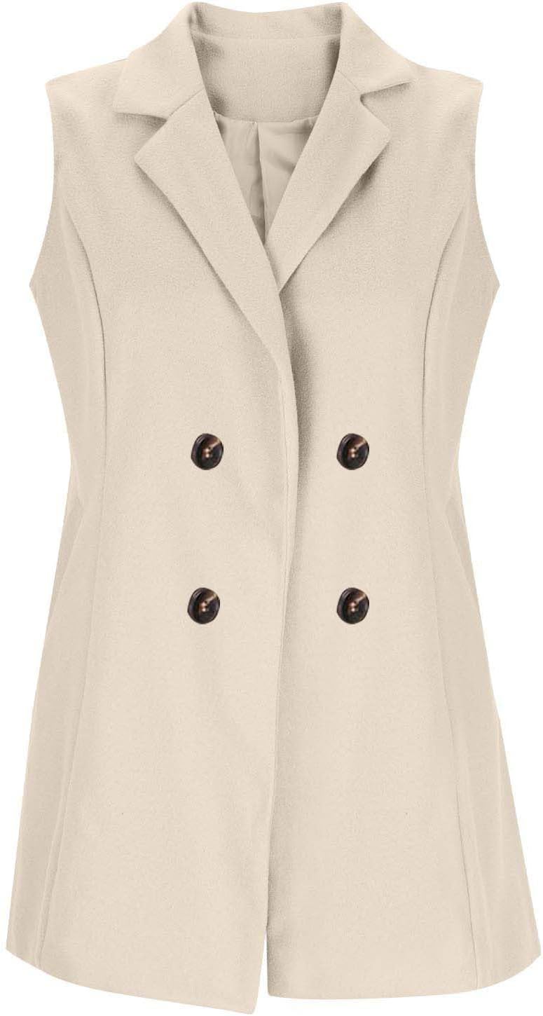 HGps8w Mid-Long Blazer Vest for Women Double Breasted Elegant Sleeveless Suit Jackets Woolen Waistcoat Cardigan Outerwear