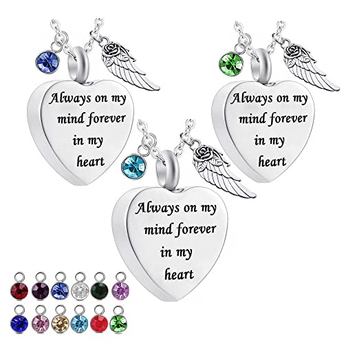3 Pieces of Cremation Jewelry for Ashes Pendant Stainless steel Heart Urn Necklace Angel Wings and Birthstone Pendant Necklace Man and Women Ash Holder Necklace Keepsake (3Pcs Heart Pendant)