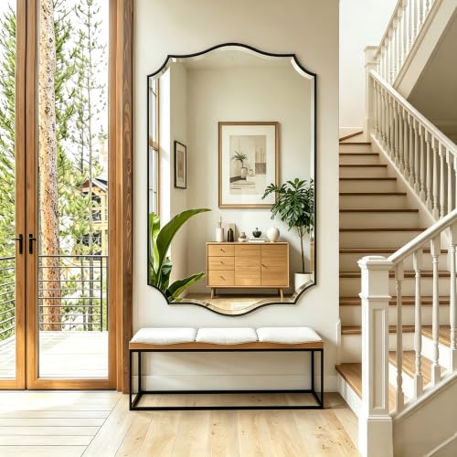 POZINO Large Scalloped Beveled Mirror, 48"x30" Matte Black Bathroom Mirror