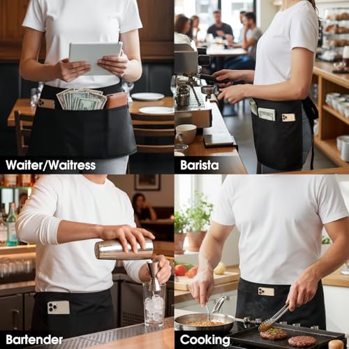 Image of BOHARERS 4 Pack Waitress Apron With 3 Pockets-Black Server Aprons-Waiter Short Half Waist Servers Apron