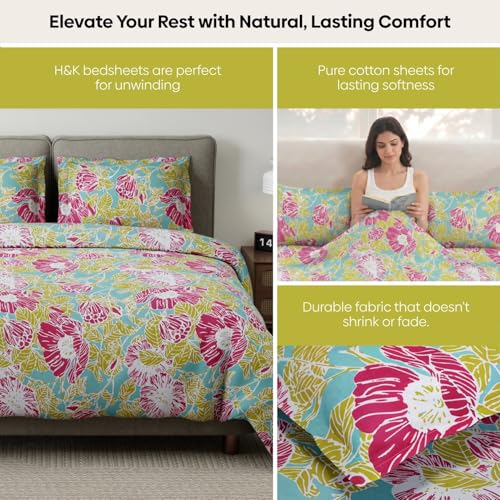 Image of haus & kinder Double Bedsheet for Queen Size Bed | 90 x 100 Inches 186 TC Cotton Bedsheet for Double Bed with 2 Pillow Covers - Petal Veranda Multi
