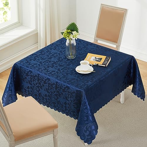 HommxJF Wave Scroll Damask Jacquard Square Deep Sea Blue Tablecloth 52"X52"，Wipeable Table Cover for Dining Table, Buffet Parties and Camping