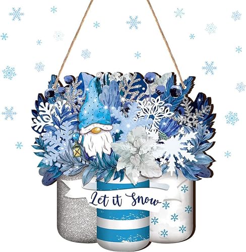 Image of ANGEL INFINITE inchLet It Snow inch Wooden Wall Hanging Decor | Blue Winter Gnomes & Snowflake Decorative Sign | Rustic Christmas Holiday Plaque for Home, Living Room & Entrance (30x30 cm)