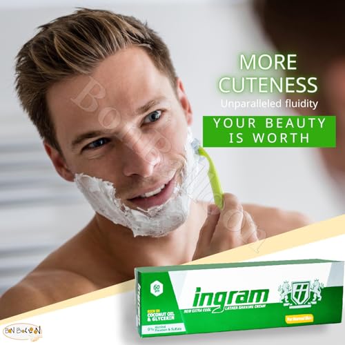 Image of Ingram New Extra Cool Lather Shave Cream Shaving (1 Tube = 2.11 oz / 60 gm) Glycerin Coconut Oil Egypt Arab Egyptian Smoother And Closer Shave (4 Pack = 8.46 oz / 240 gm) كريم حلاقة إنجرام الأخضر