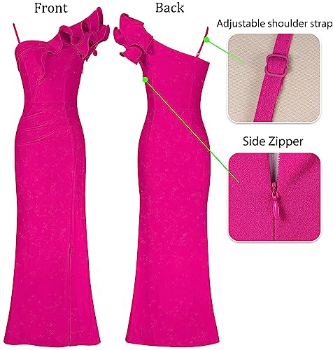 Image of VFSHOW Womens Ruffle One Shoulder Strap Ruched Formal Prom Wedding Maxi Dress V Neck Elegant Split Cocktail Evening Long Gown