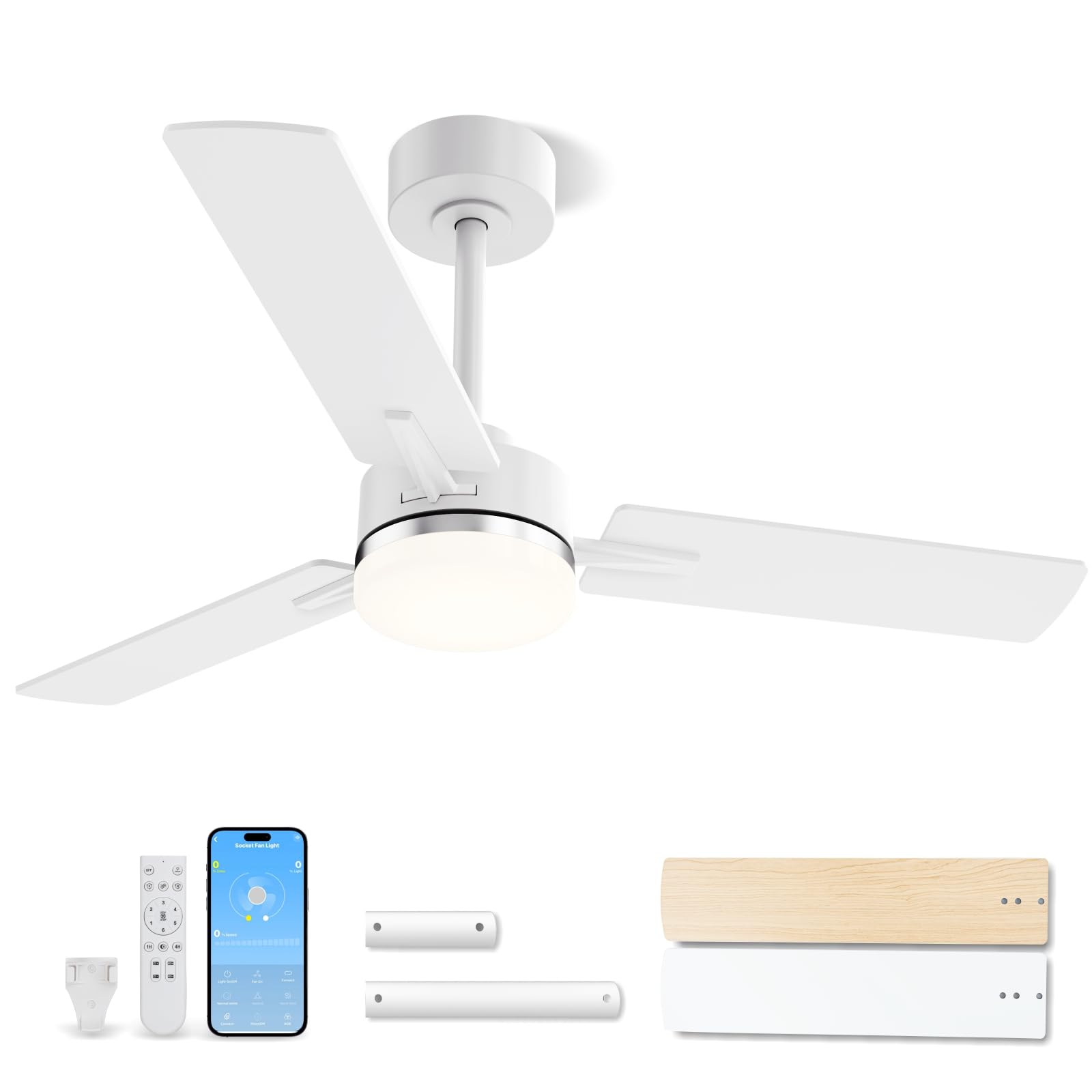 LANMEL Metal Ceiling Fan with Lights and Remote, 42 Inch, Silver & White
