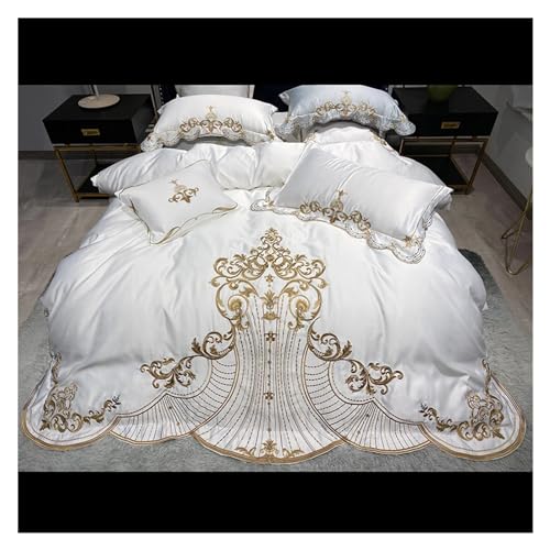 Ensemble de literie housse de couette satin blanc brodé or lit double
