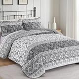 Yiran Grey Floral Quilt Set Queen,Boho Striped Patchwork Bedspread Coverlet Set,Lightweight Microfiber Paisley Bedding Set Queen 96'×90'