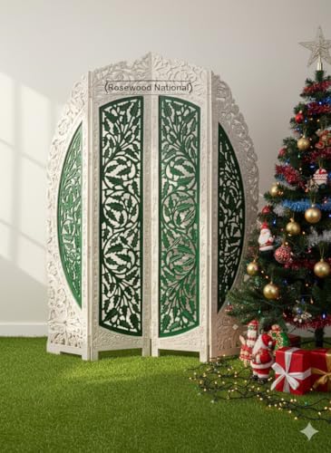Image of Wooden Room Divider 6 Feet, 4-Panel Folding Wooden Partition for Living Room, Office, Pooja Room, Restaurant, Kitchen & Balcony (2W x 1.82H Meters). (White-Green)
