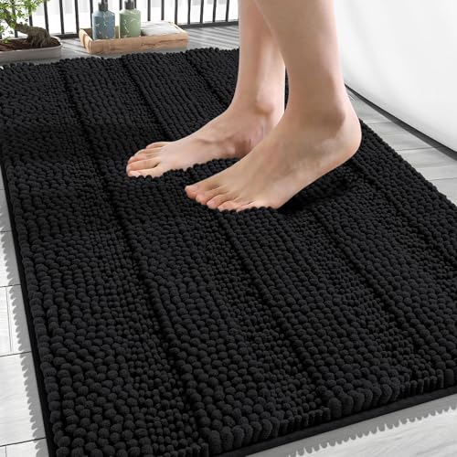 Image of OLANLY Thick Bathroom Rugs 34x21, Extra Soft Absorbent Chenille Striped Bath Rugs, Rubber Backing, Machine Wash Dry, Bath Mats for Bathroom Floor, Tub and Shower, Home Decor Accessories, Black