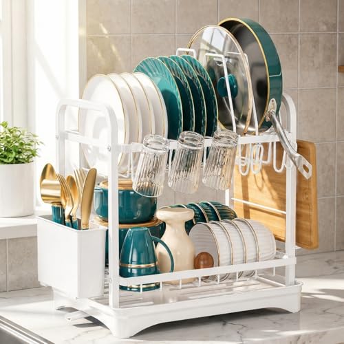 Image of COMFYHOME Dish Drying Rack, 2-Tier Wrought Iron Space-Saving Kitchen Dish Drainer with Cup Holder, Drainboard & Utensil Holders, Rustproof Counter Organizer for Pots, Plates, Cups, Utensils, Bartan