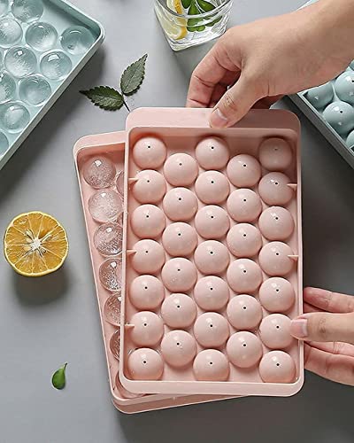 Image of Plastic Mini Round Ice Cube Tray with Lid Ball Maker for Fresh Juice, Mocktails, Whiskey, Cocktails, Tea & Coffee 33 Cavity, Easy Release Stackable in Freezer Pack of 2