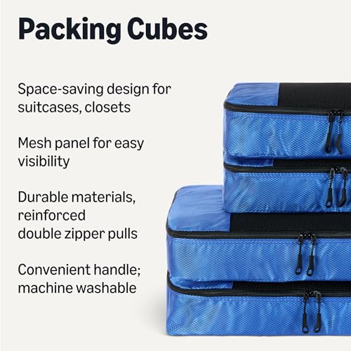 Image of Amazon Essentials 4-Piece Packing Cubes Travel Accessories Set, Space-Saving Luggage Organizer with Double Zipper, Mesh Top, 2 Medium /2 Large, Blue (Previously Amazon Basics)