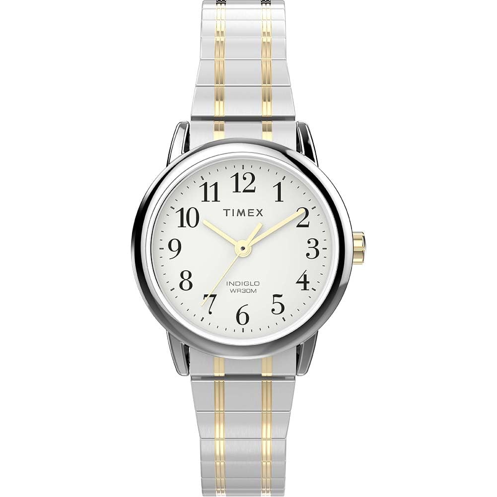 Timex Easy Reader Damen-Armbanduhr, 25 mm, zweifarbiges Edelstahl-Stretcharmband, weißes Zifferblatt, silberfarbenes Gehäuse