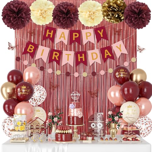 Burgundy Birthday Decorations for Women Girls Pearl Pink Rose Gold Sand Metallic Printed Balloons Butterfly Stickers Fringe Curtain Happy Birthday Banner Circle Dot Paper Pompom Party Supplies
