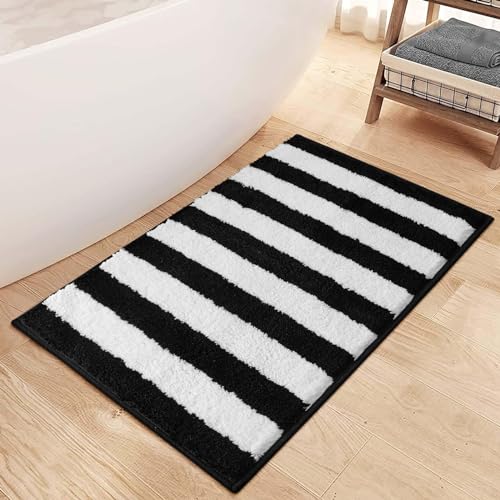 Sivilife Black and White Striped Bath Mats, Non-Slip, Machine Washable, Soft, Thick Plush, Water Absorbent, Microfiber, Geometric Floor Mats