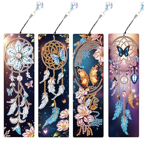 Image of 4 Pack Diamond Painting Bookmarks for Adults, 5D DIY Diamond Art Bookmark Kit with Tassels, Rhinestone Craft Supplies for Reading Lovers, Dreamcatcher & Butterfly Designs