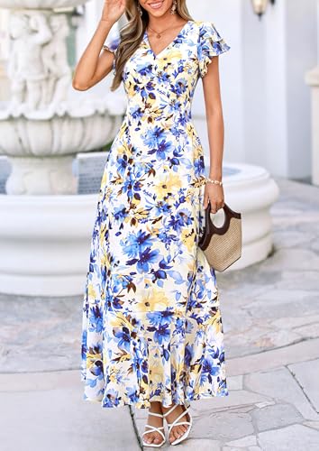 Image of PRETTYGARDEN Womens Summer Boho Floral Maxi Dress | V Neck Ruffle Sleeve Tiered A-Line Sundress, Lightweight Flowy Long Dresses for Spring Wedding Guest, Cocktail Party, Cruise