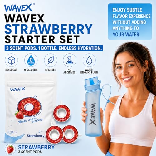 Image of Wavex Scented Water Bottle, Includes 3 Aroma Scent Pods, BPA Free, Flip Top Leak-Proof Lid, Straw & Carry Strap Included, Subtle Flavor Experience, No Sugar or Calories, (20.3 Ounce, Glacier Blue)