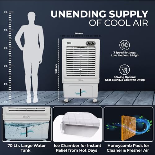 Image of RR BLISSAIR AIR COOLER 70 Ltr|Desert Air Cooler with High Air Delivery | Honeycomb Pads | 4-Way Air Deflection | Vertical Auto Swing | Castor Wheels | Inverter Compatibility |1 Year Warranty by RR