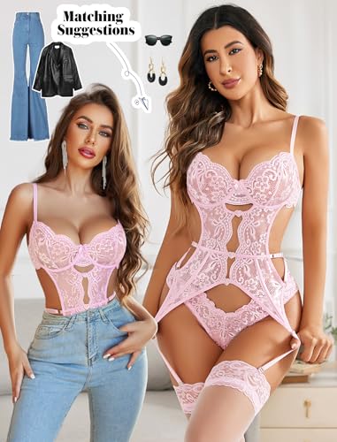 Image of Avidlove Women's Underwire Lingerie Set with Garter Belt Sexy Lace Bodysuit Cut Out Rhinestone Teddy Lingerie (No Stockings)