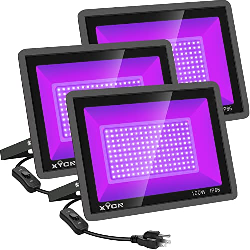 Image of XYCN 3 Pack 100W LED Black Light, Blacklight Flood Light with Plug and Switch, IP66 Waterproof Neon Glow for Party, Halloween, Fluorescent Poster, Body Paint, Aquarium