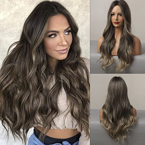 Lycheenea Long Wavy Wig Brown Mixed Blonde Wigs for Women Highlights Color Synthetic Curly Wig Middle Part Heat Resistant Fiber Hair for Daily Party Use Cosplay 26 inch (Brown Ombre Ash Blonde)