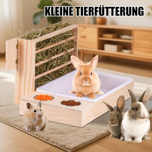 MUALROUS 4 in 1 Großer Kaninchen Heu Feeder mit Katzentoilette Holz Futterautomat aus Holz mit 2 Näpfen Hase Toilette für Kaninchen Meerschweinchen Chinchilla Hase Andere Kleintiere