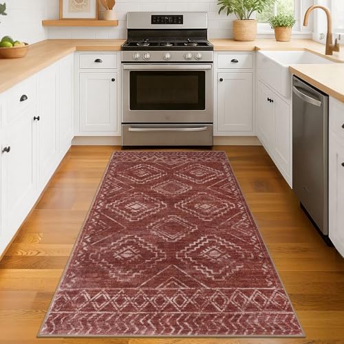 KILOCOCO Boho Entryway Rug 3x5 Area Rug Washable Non Slip Throw Rugs Soft for Kitchen Living Room Dining Bedroom Geometric Moroccan Carpet, Burnt Orange/Red