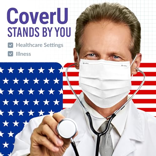 Medtecs Einweg-Gesichtsmaske, 50/2000 Stück, bequeme 3-lagige atmungsaktive Maske, der bessere Schutz und die bessere Wahl für die Gesundheit, CoverU ASTM Level 1 Erwachsenenmaske, 50 Stück, Weiß