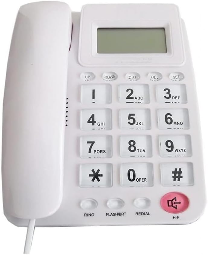Close-up view of the white FO-85011 CID telephone showing large buttons and display