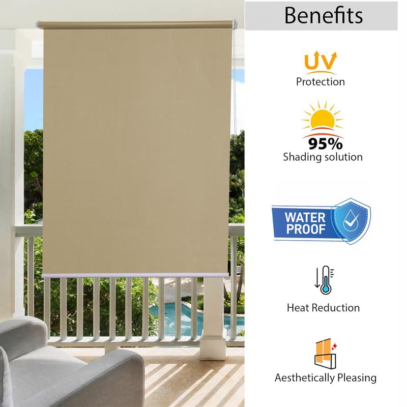 Image of Roller Blinds 300 GSM Polyester Fabric Waterproof & Sun Blockage Corded Roll Up and Down Blinds Curtains for Window, Door, Balcony (Beige Color 3 X 10 Feet, Pack of 1 Piece)