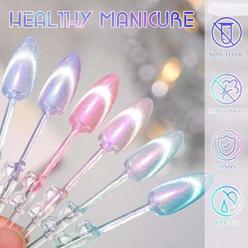 Image of THR3E STROKES Cat Eye Gel Nail Polish Set for Pink Brown Glitter Holographic Cat Eye, Salon Gel Manicure and Nail Art DIY at Home, Bright Moonlight (AURORA)