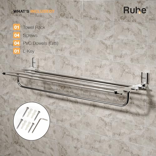 Image of Ruhe 24 Inch Erica Bathroom Towel Rack /Towel Holder /Towel Stand | Wall Mounted Shelf with Hanging Rod, Durable Metal with Chrome Finish