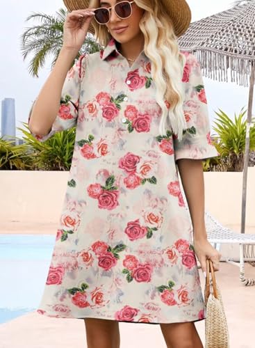 Image of Womens Summer Shirt Mini Dresses 2026 Beach | Flowy Shift Dress, Button V Neck, Polo Collar, Ruffle Short Sleeve, Floral Boho Style, Casual Vacation Outfits with Pockets